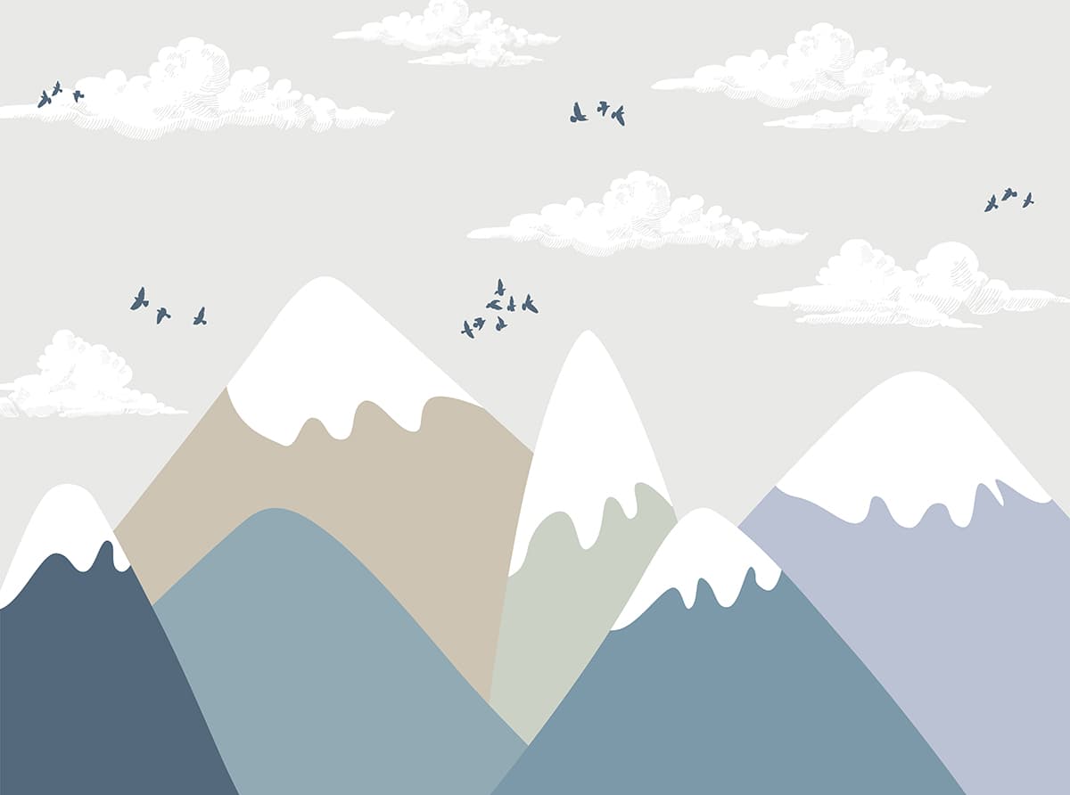 Kids Room Wallpaper, Birds flying over mountains pattern detail