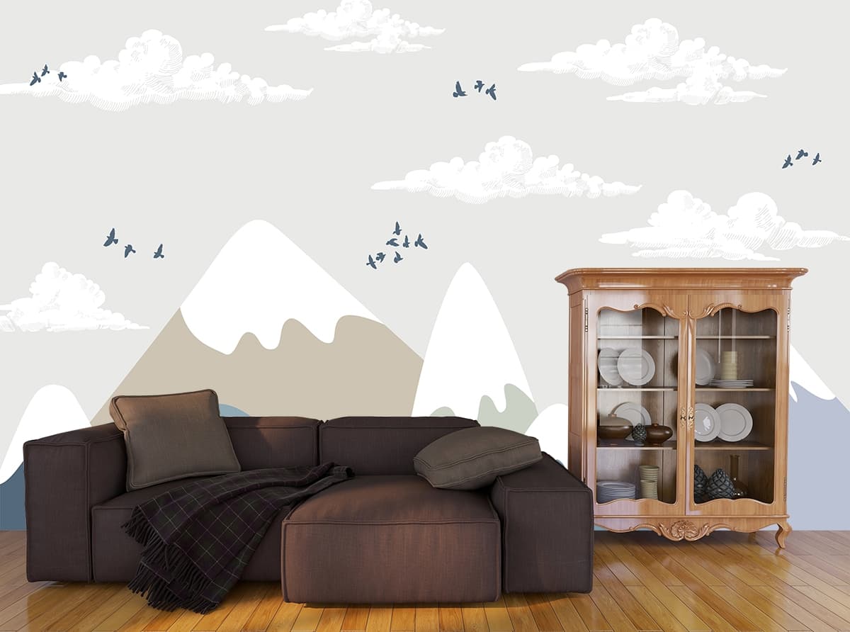 Kids Room Wallpaper, Birds flying over mountains shown in a room