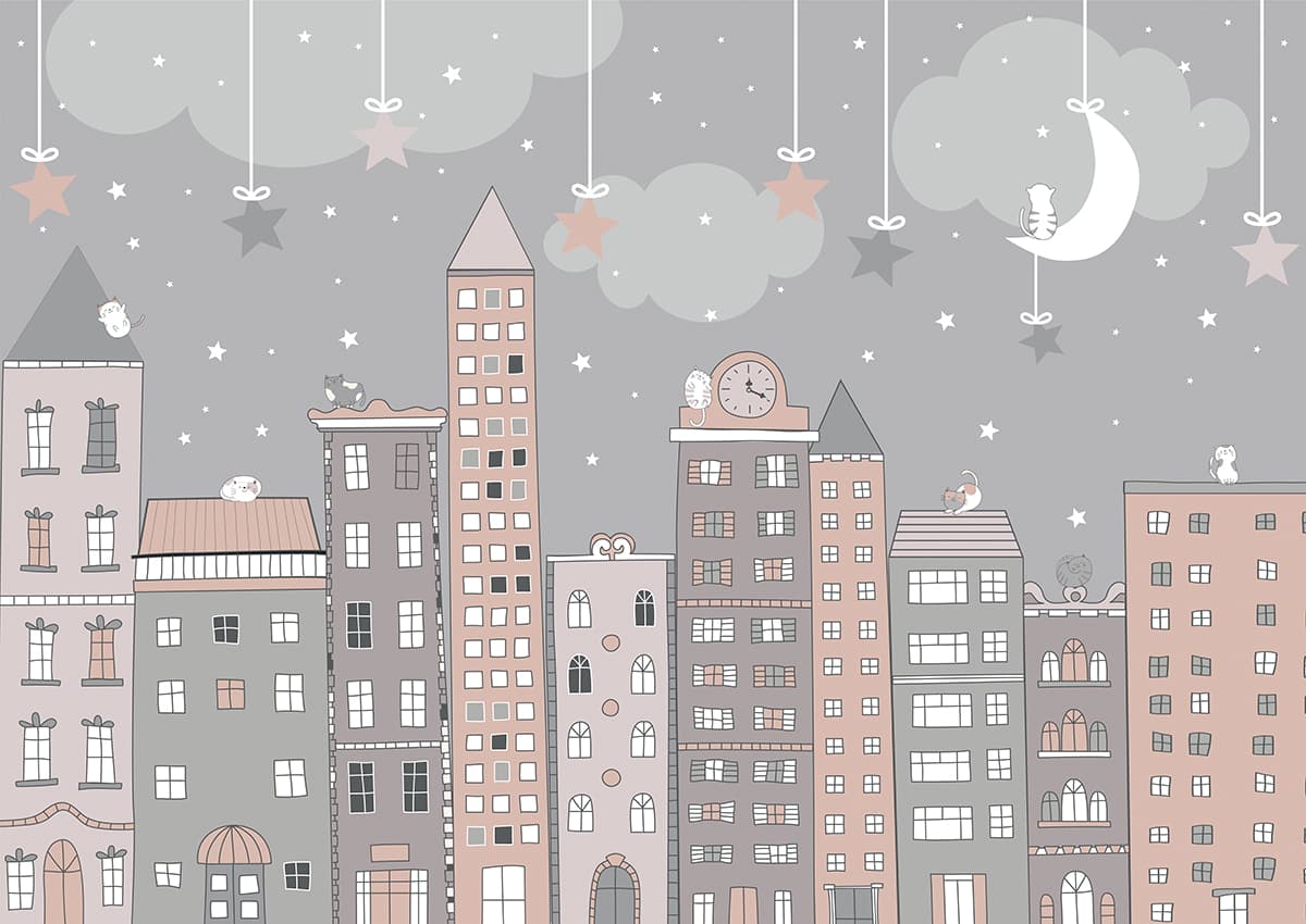 Cityscape with Stars and Clouds Kids Wallpaper pattern detail