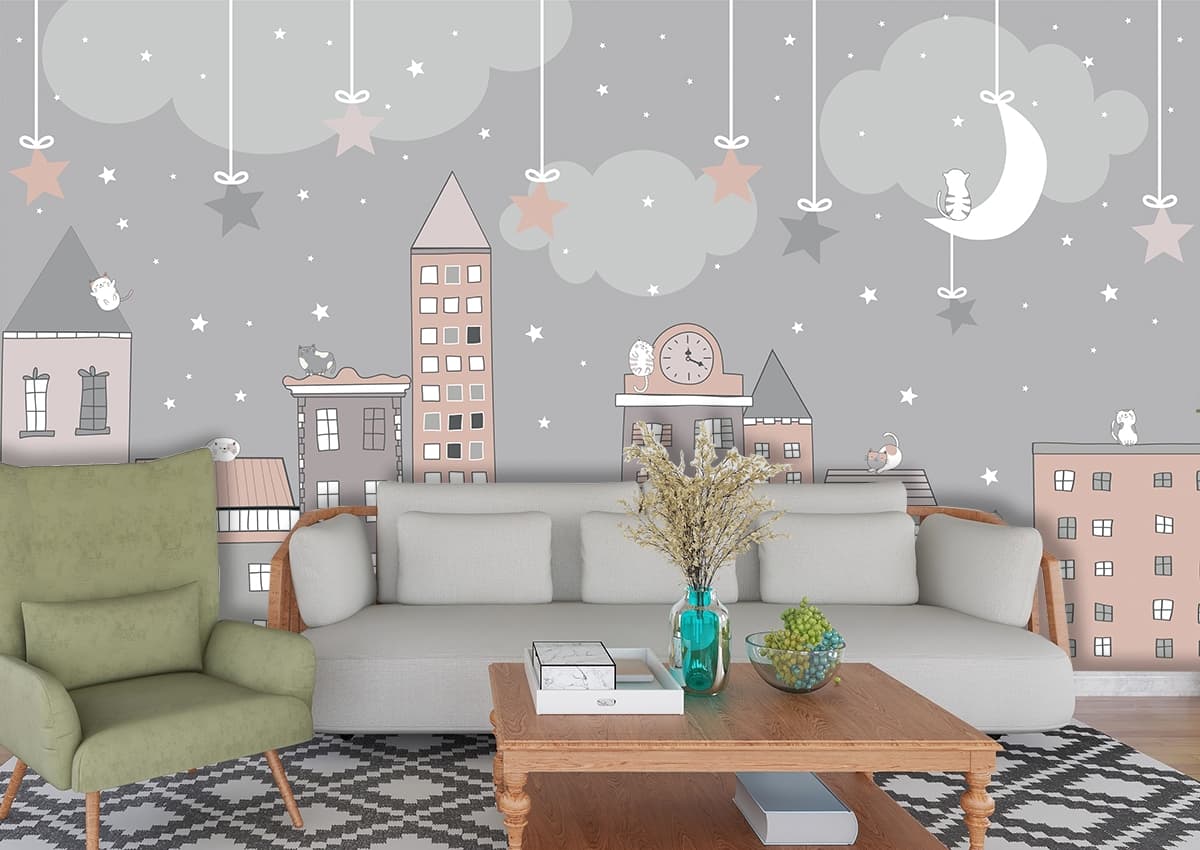 Cityscape with Stars and Clouds Kids Wallpaper shown in a room
