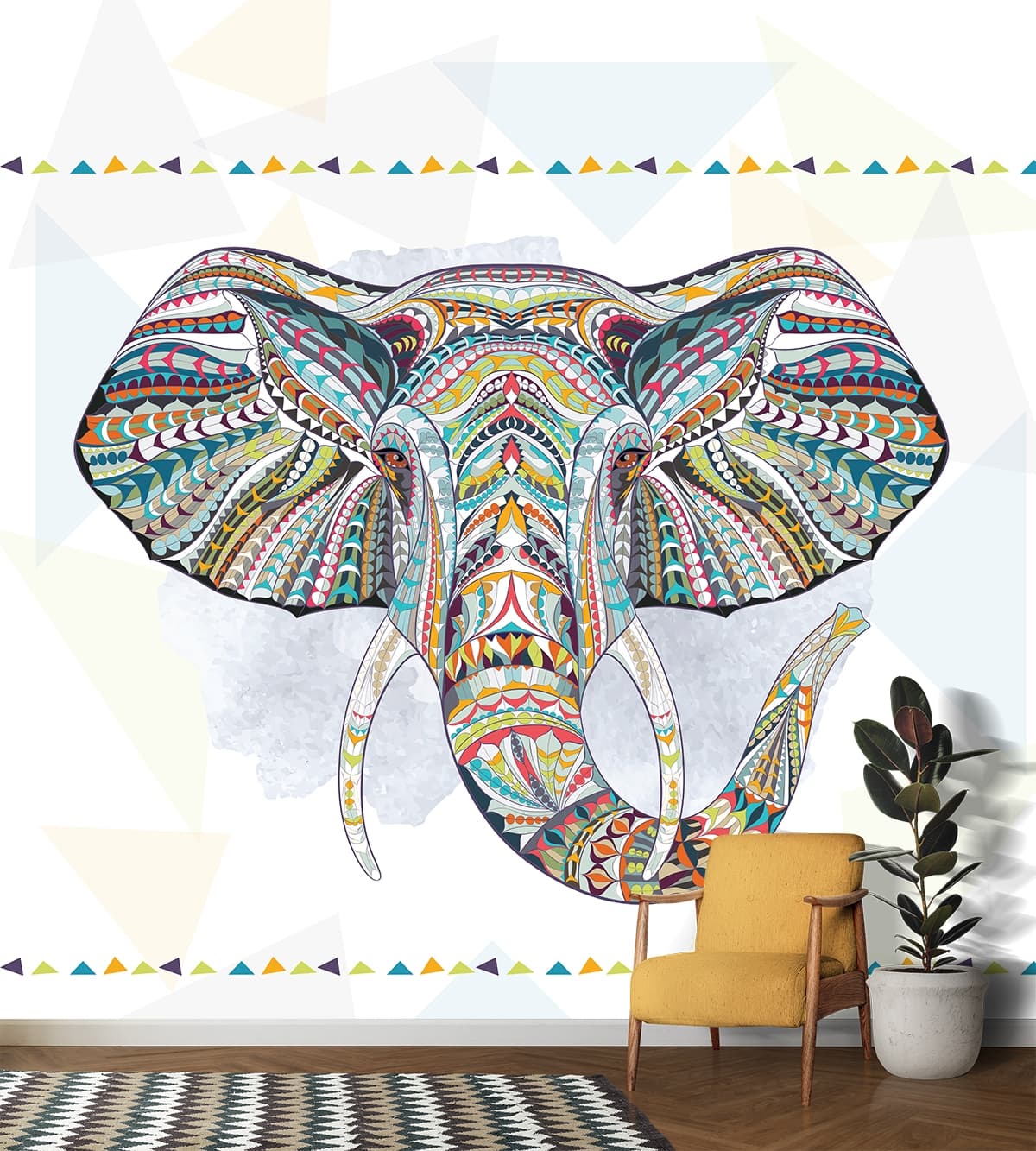 Traditional Elephant Pattern Colorful Design Wallpaper shown in a room