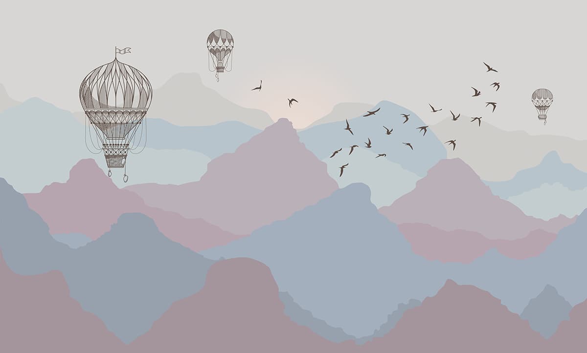 Hot Air Balloons Flying Over Mountains Scenery Wallpaper pattern detail