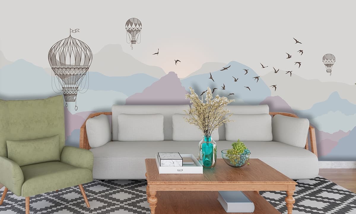 Hot Air Balloons Flying Over Mountains Scenery Wallpaper shown in a room