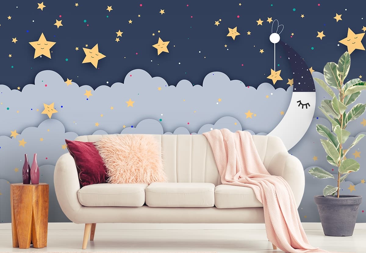 Moon and Stars Night Sky Kids Wallpaper shown in a room