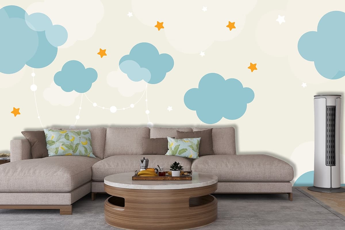 Cute Clouds and Stars Sky Theme Kids Room Wallpaper shown in a room
