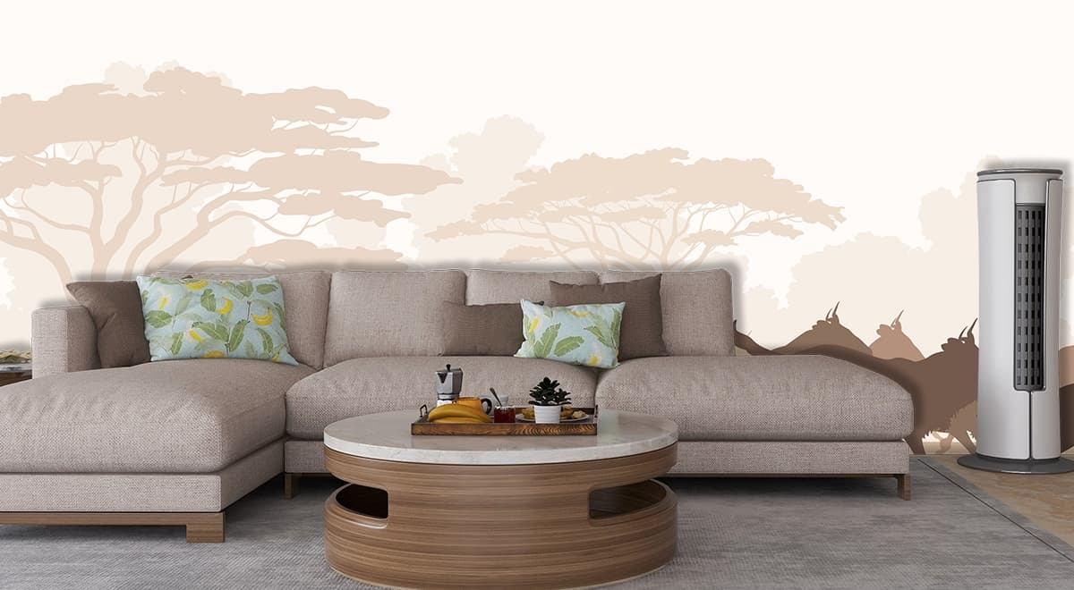 Wild Running Animals Cartoon Safari Kids Room Wallpaper shown in a room