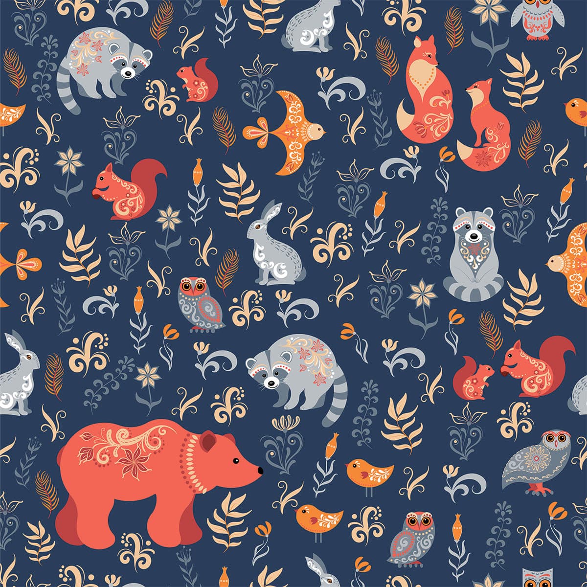 Cute Animals and Birds Pattern Kids Room Wallpaper pattern detail