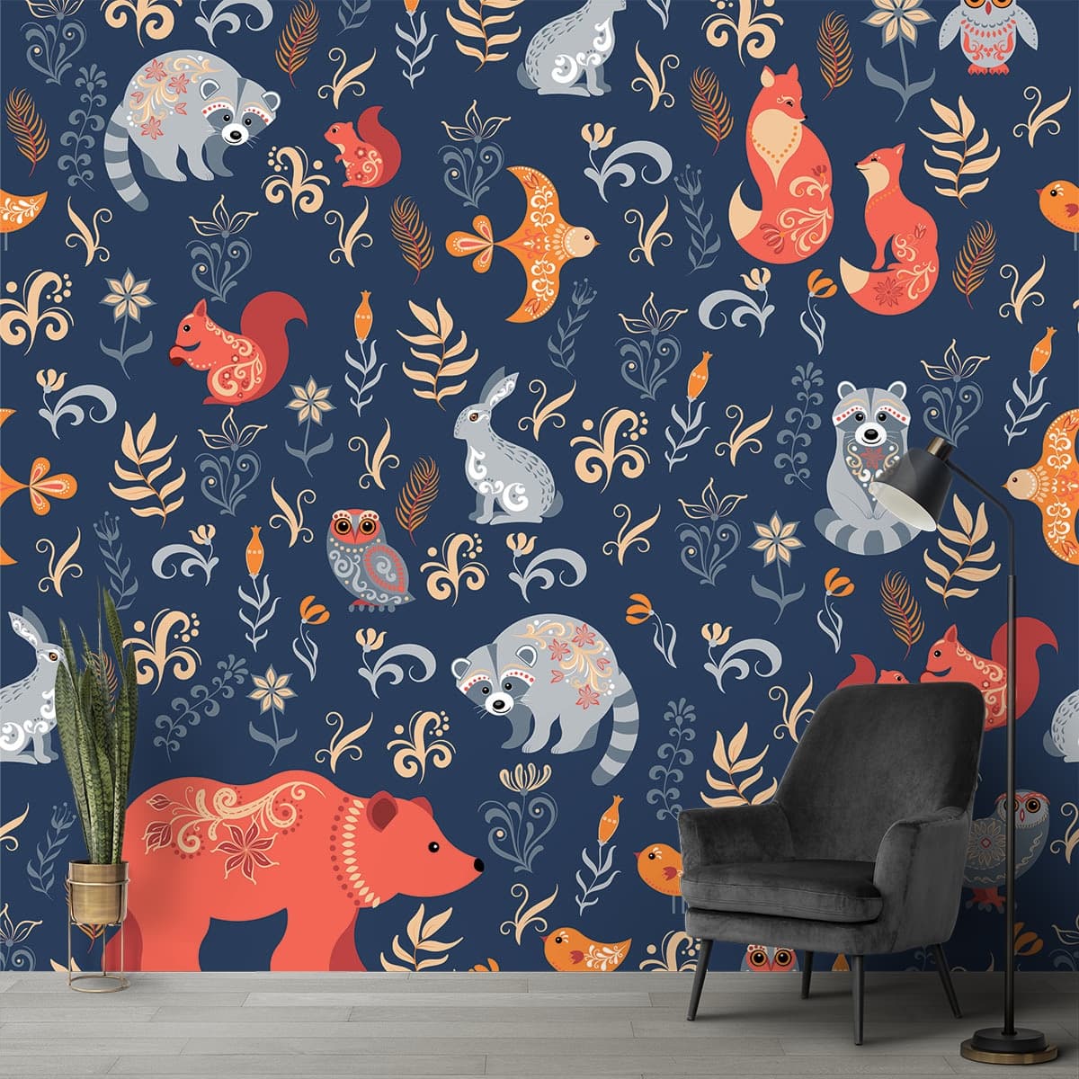 Cute Animals and Birds Pattern Kids Room Wallpaper shown in a room