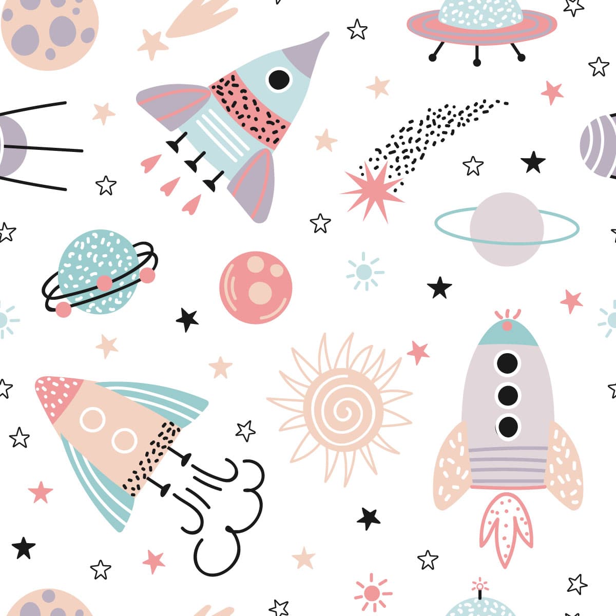 Cartoon Rockets and Planets Space Theme Kids Room wallpaper pattern detail