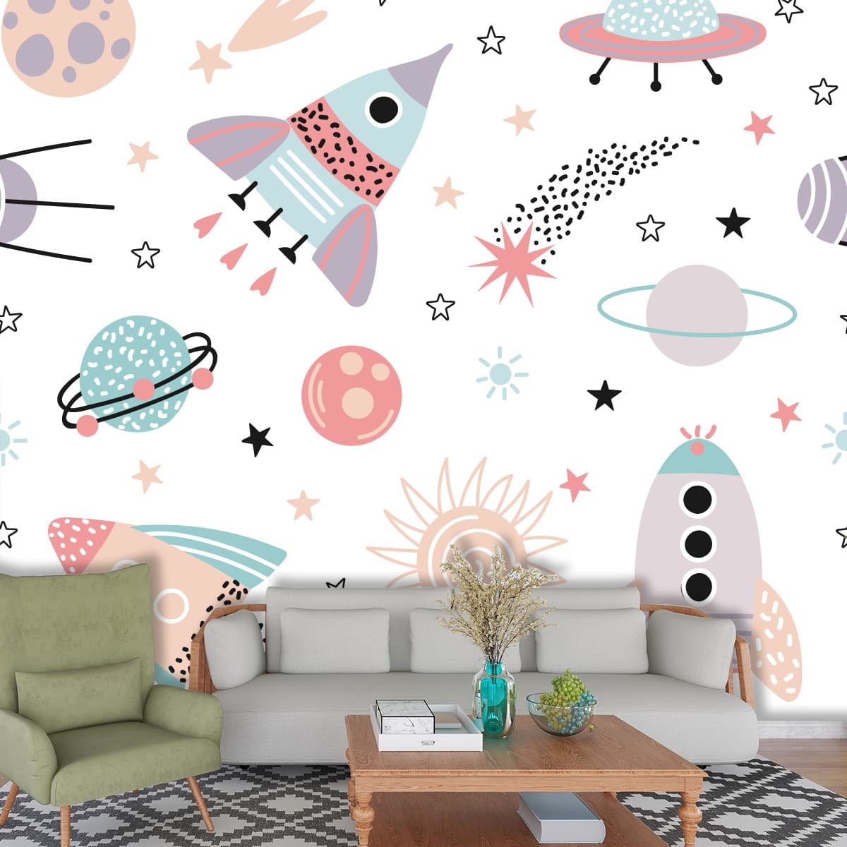 Cartoon Rockets and Planets Space Theme Kids Room wallpaper shown in a room