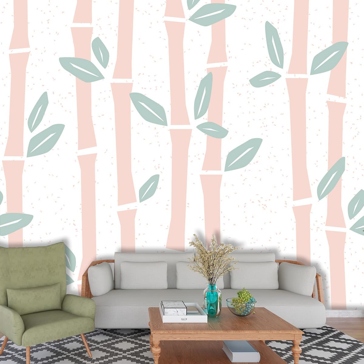 Minimal Bamboo Leaves Pattern Zen Nature Inspired Wallpaper shown in a room