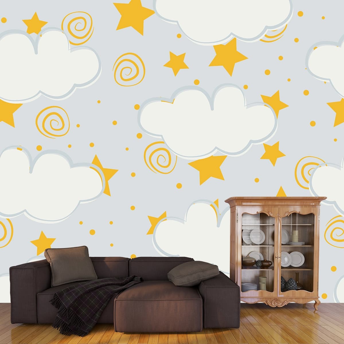 Clouds and Stars Pattern Dreamy Sky Wall Mural Wallpaper shown in a room