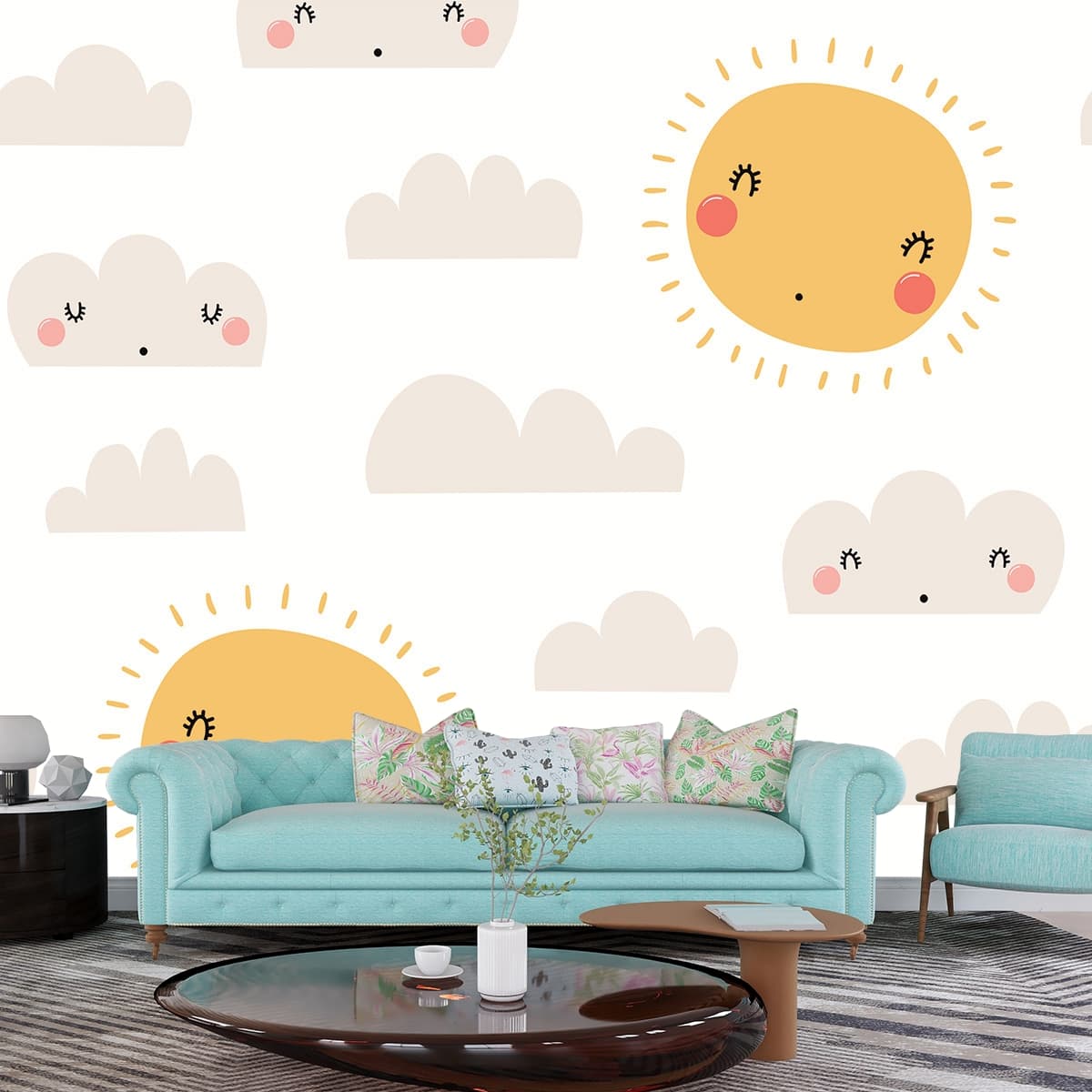 Cute Clouds and Sun Pattern Kids Room wallpaper shown in a room