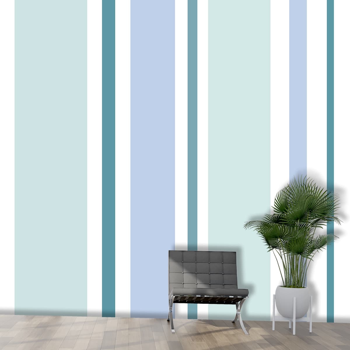 Elegant Blue and White Vertical Stripe Wall Wallpaper shown in a room