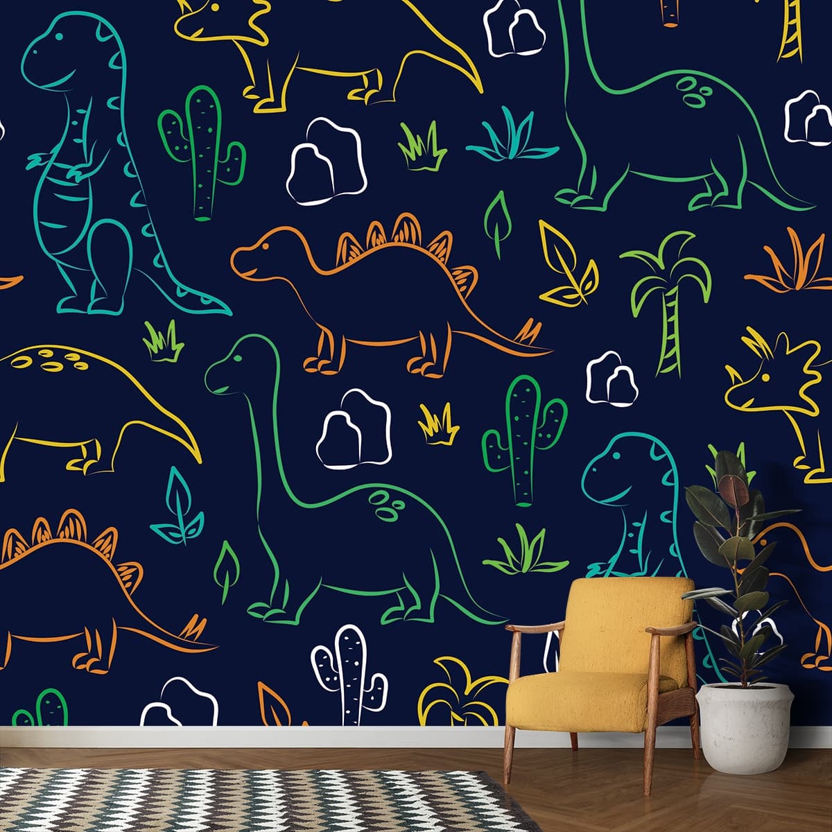 Dinosaurs and Plants Jungle Theme Kids Room wallpaper shown in a room