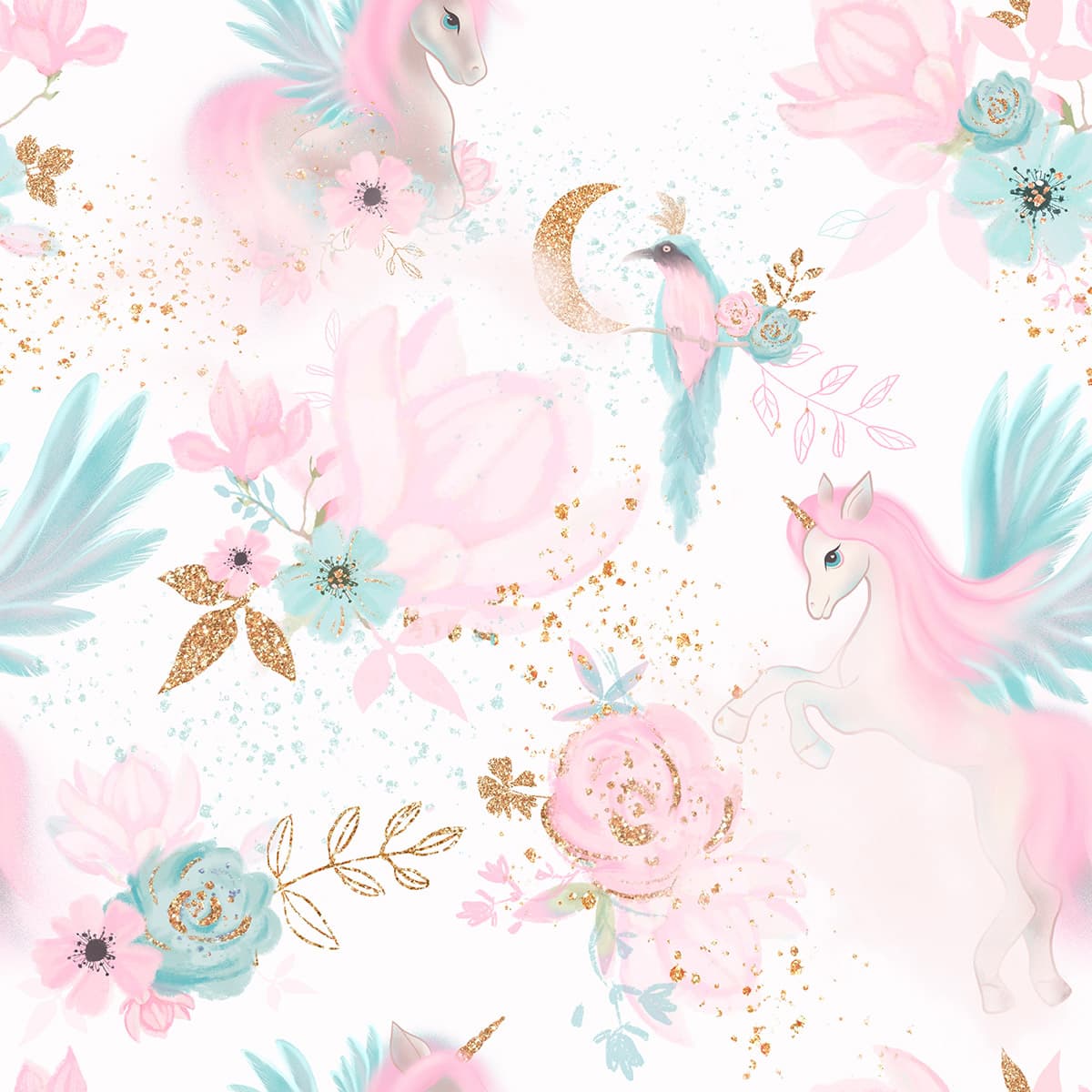 Flowers and Unicorns Pattern Fantasy Wallpaper pattern detail