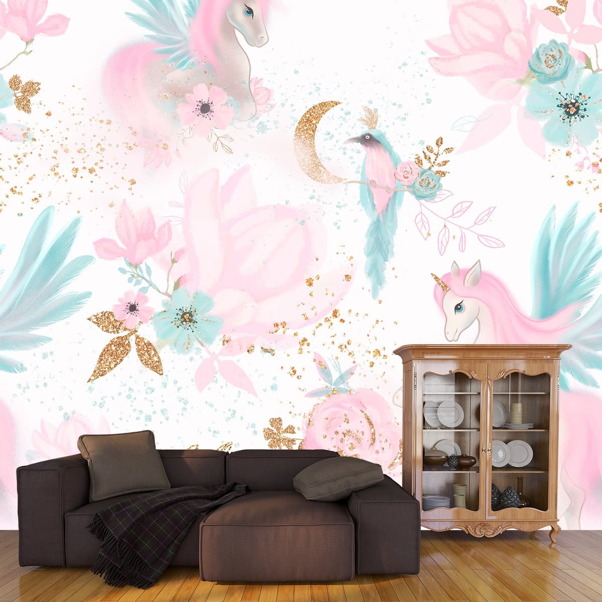 Flowers and Unicorns Pattern Fantasy Wallpaper shown in a room