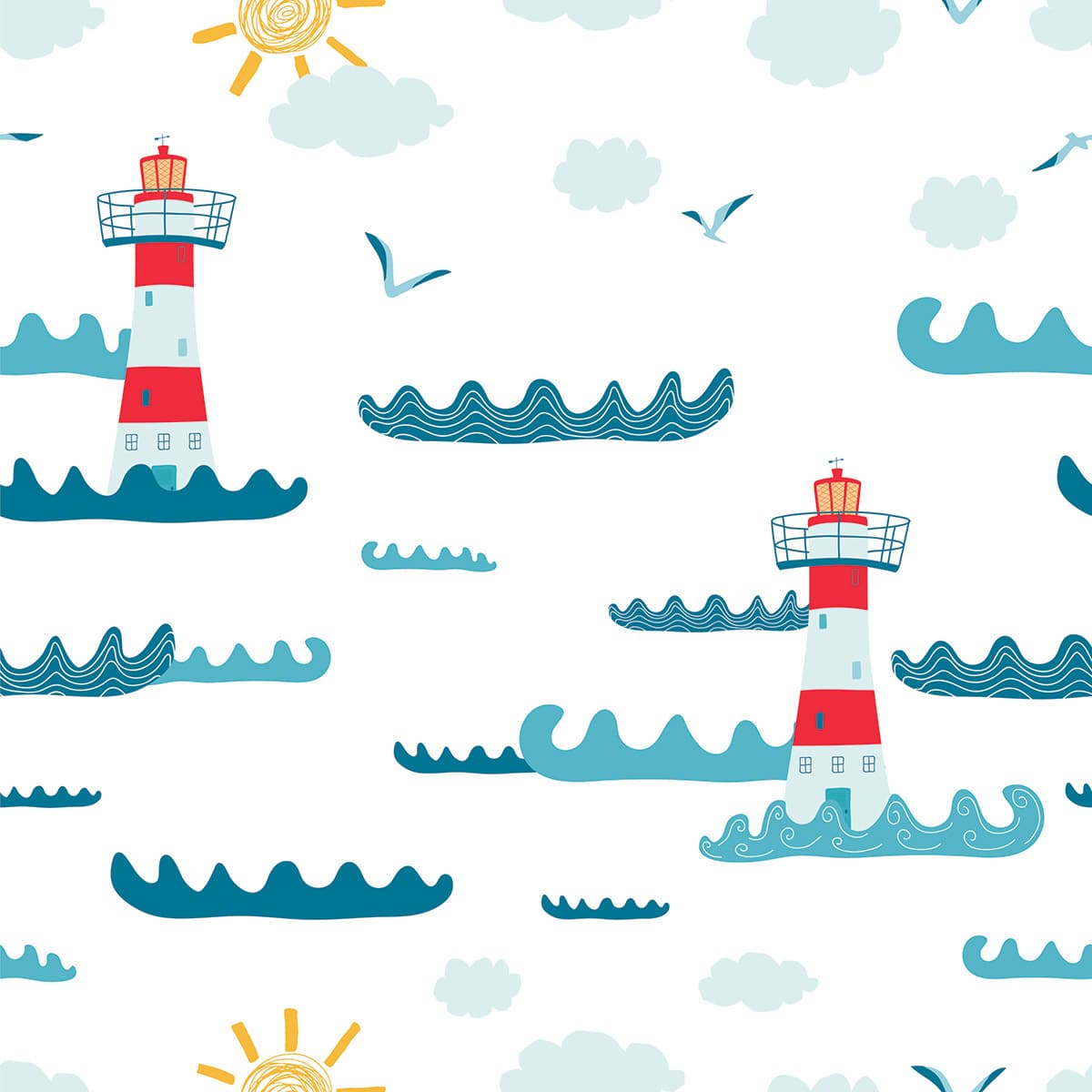 Lighthouses and Waves Pattern Ocean Wallpaper pattern detail