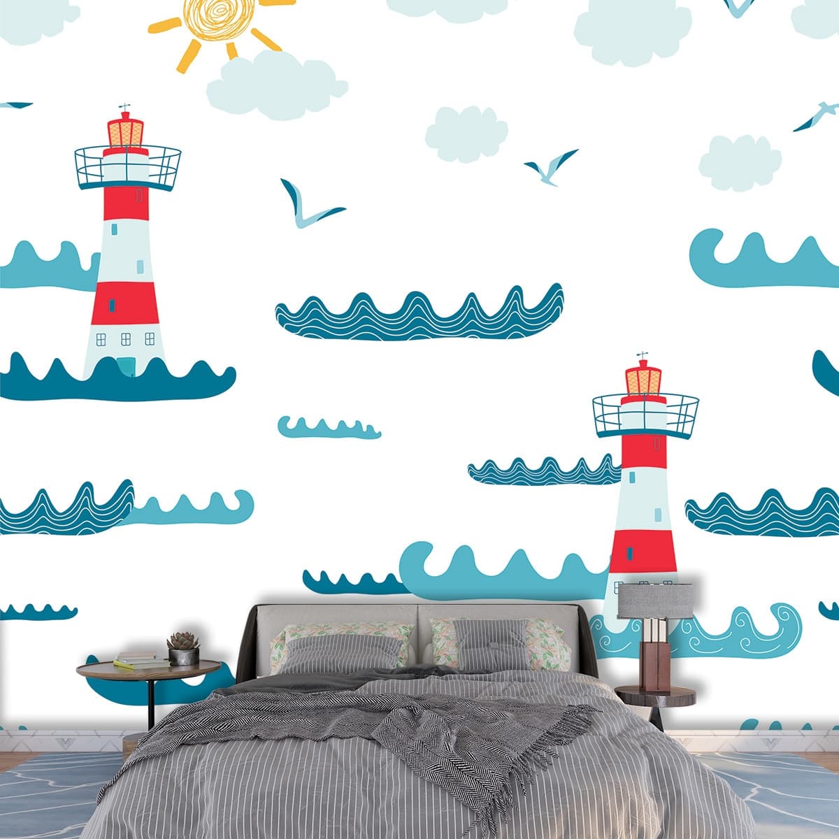 Lighthouses and Waves Pattern Ocean Wallpaper shown in a room