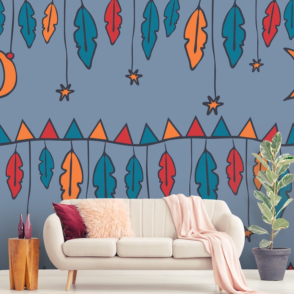 Whimsical Feathers with Stars Wallpaper shown in a room