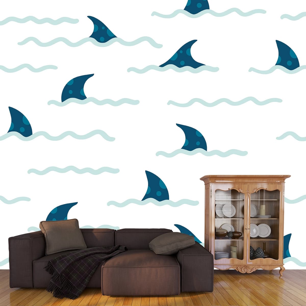 Blue Fish Fin Underwater Pattern Kids Room Wallpaper shown in a room