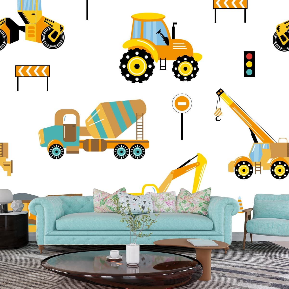 Construction Vehicles Pattern Boys Room Kids wallpaper shown in a room