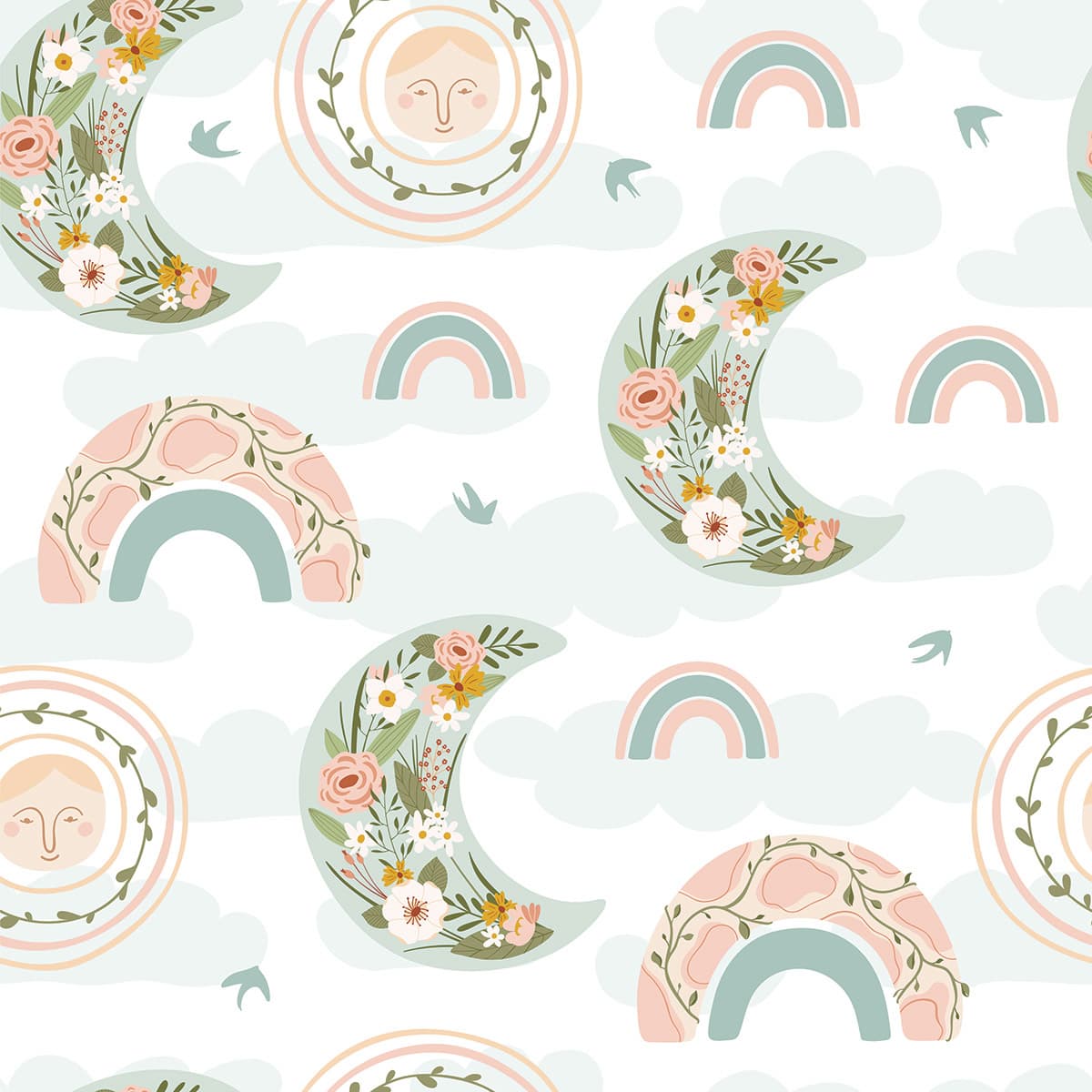 Dreamy Flowers and Rainbows Kids Wallpaper Mural pattern detail