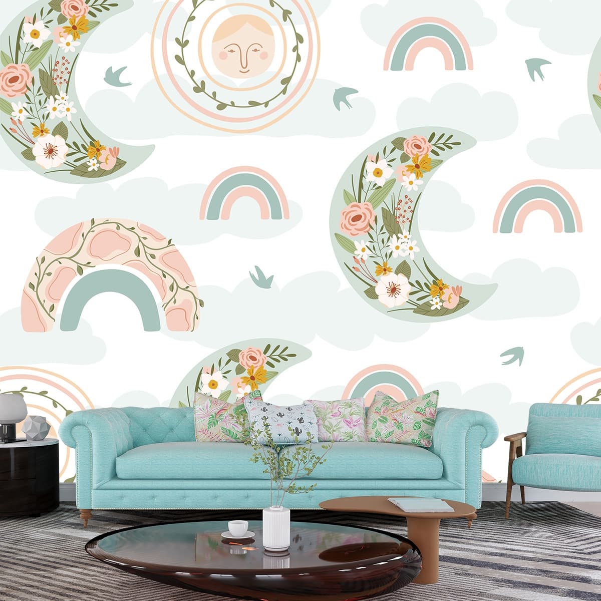 Dreamy Flowers and Rainbows Kids Wallpaper Mural shown in a room
