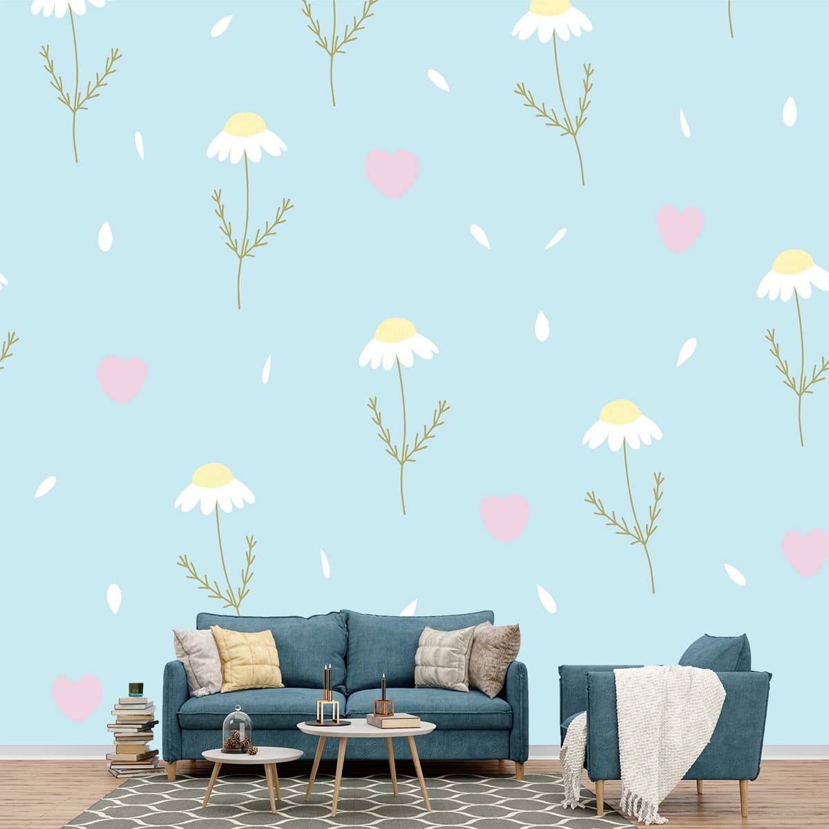 Sweet Flowers & Hearts Pattern Wallpaper shown in a room