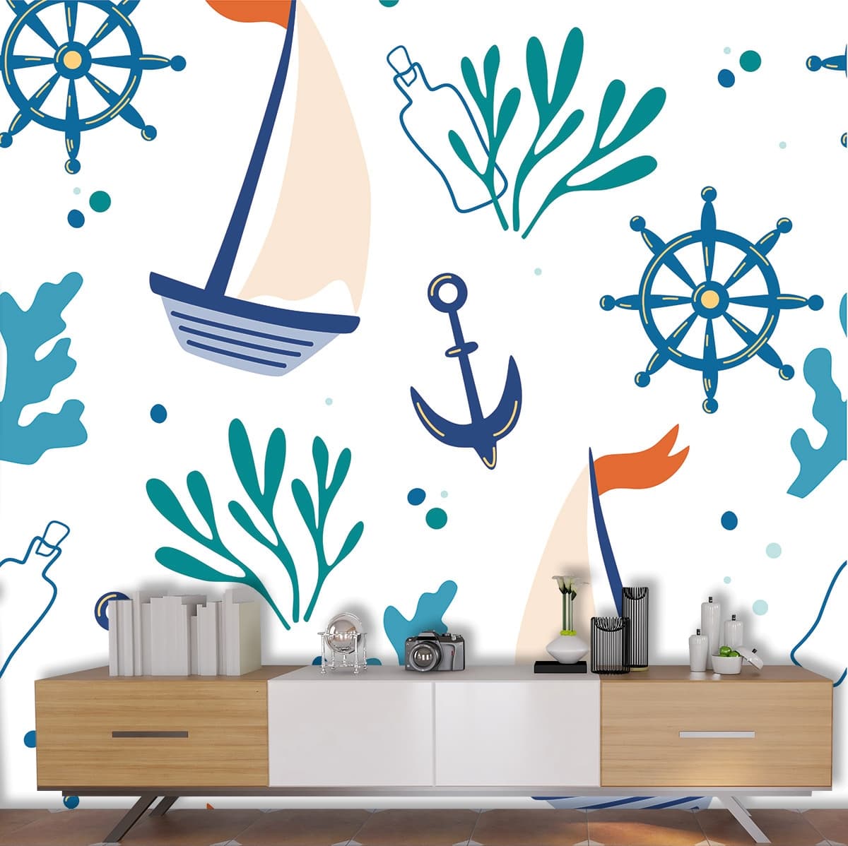 Ships and Anchors Pattern Nautical Wallpaper shown in a room