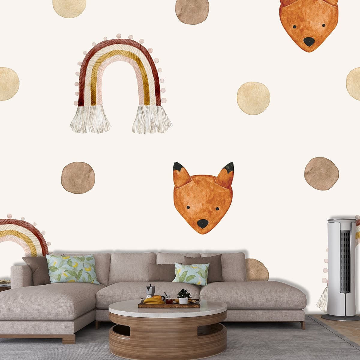 Fox and Rainbows Pattern Cute Wallpaper shown in a room