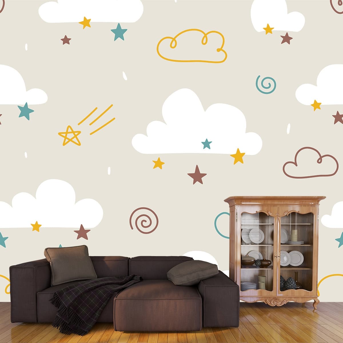 Kids Room Clouds and Stars Soft Sky Design Wallpaper shown in a room