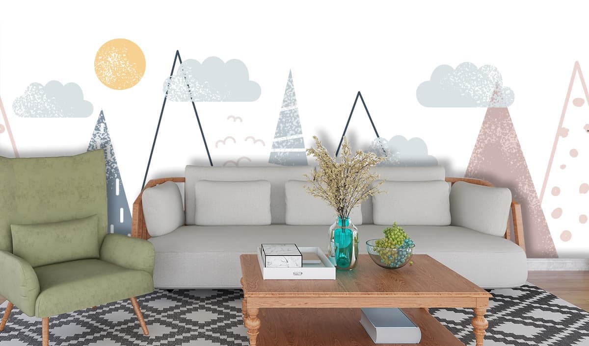 Mountain Landscape with Trees and Clouds Wallpaper shown in a room