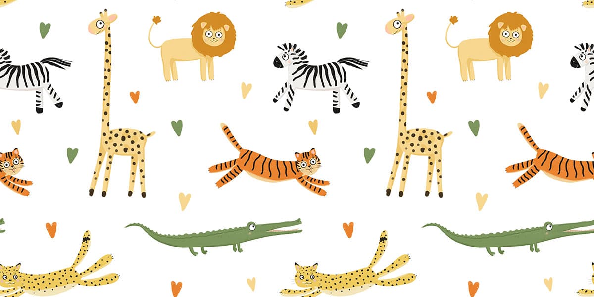 Adorable Animals and Hearts Pattern Kids Room Wallpaper pattern detail