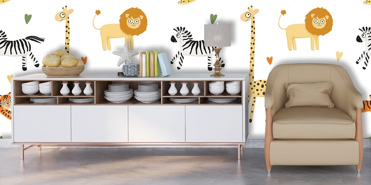 Adorable Animals and Hearts Pattern Kids Room Wallpaper shown in a room