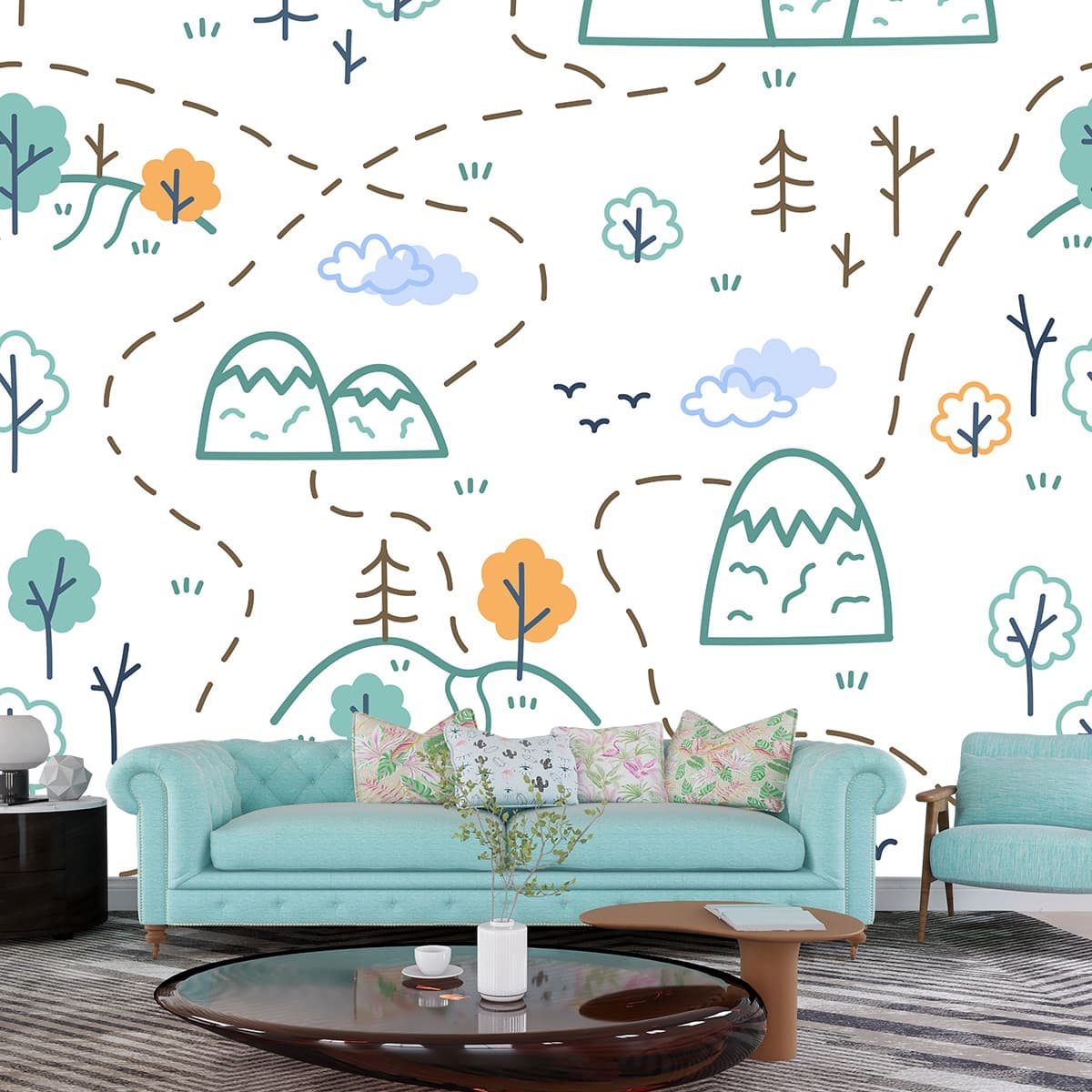 Forest and Mountain Map Illustration Wallpaper shown in a room