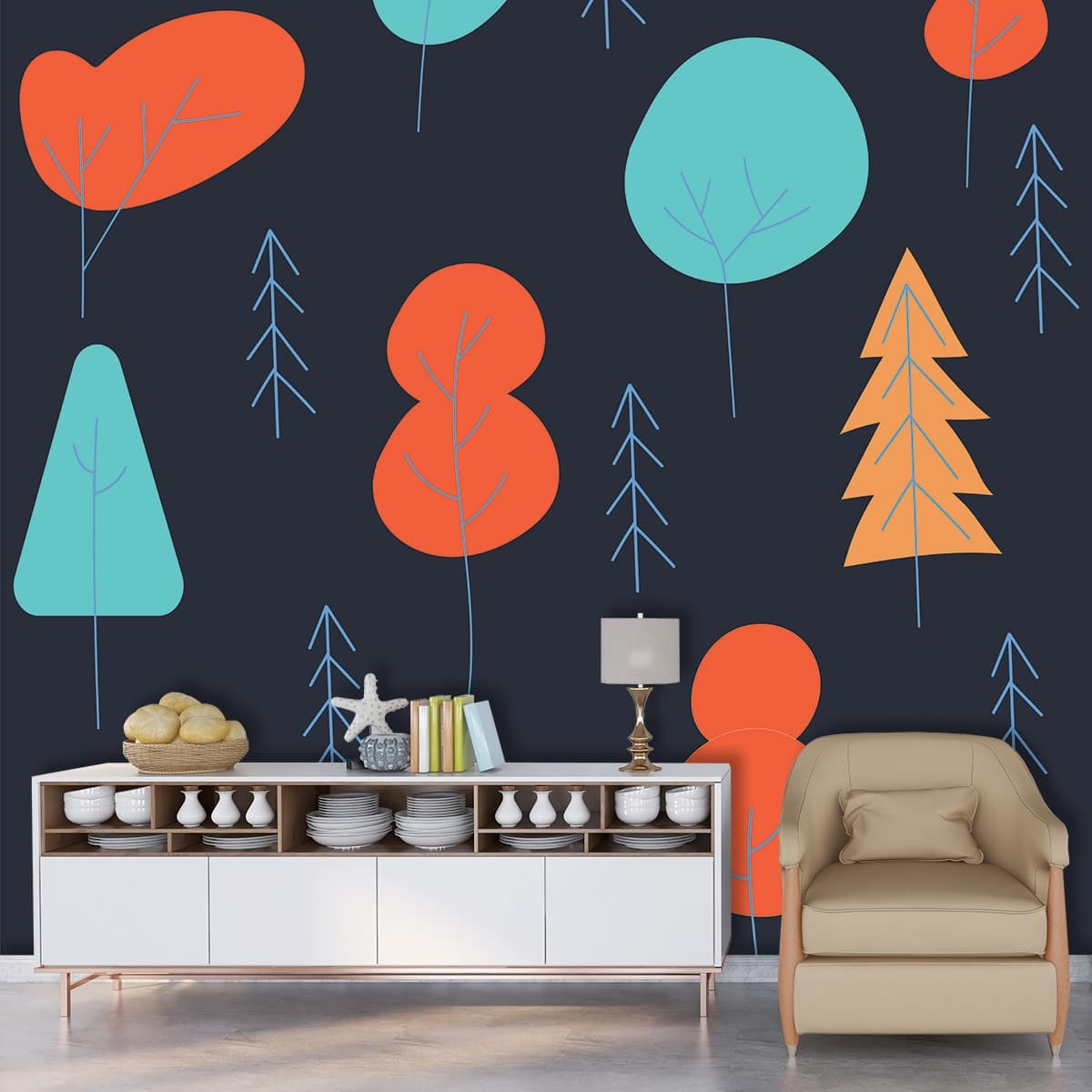 Minimal Trees on Black Background Wallpaper shown in a room
