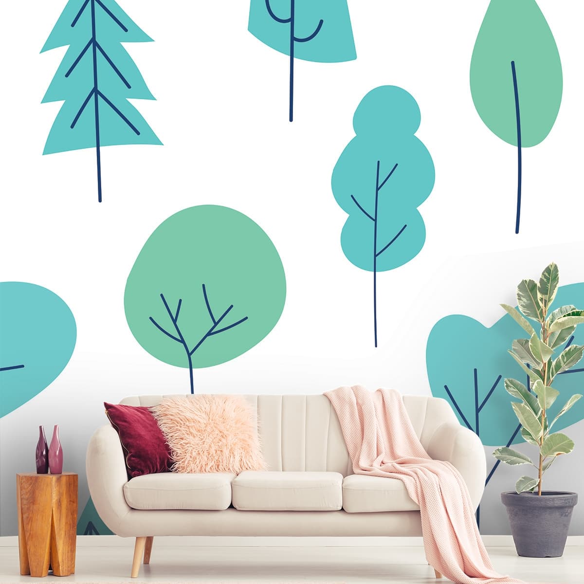 Seamless Pattern of Trees on a White Background Wallpaper shown in a room