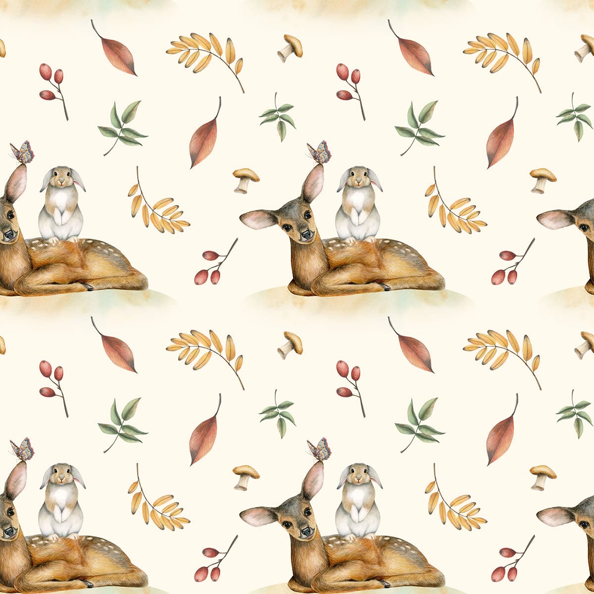 Nature Inspired Animals and Leaves Pattern Kids Room Wallpaper pattern detail