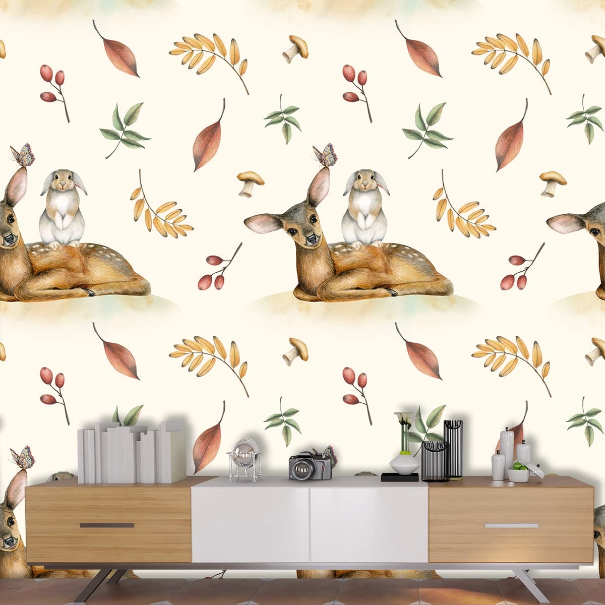 Nature Inspired Animals and Leaves Pattern Kids Room Wallpaper shown in a room