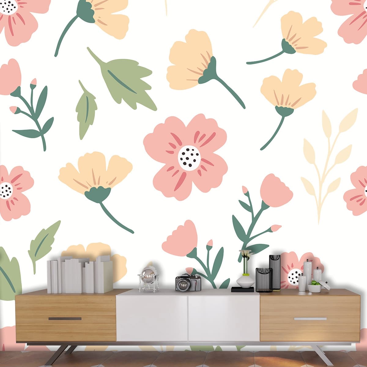 Flowers and Leaves Pattern Botanical Home Wallpaper shown in a room