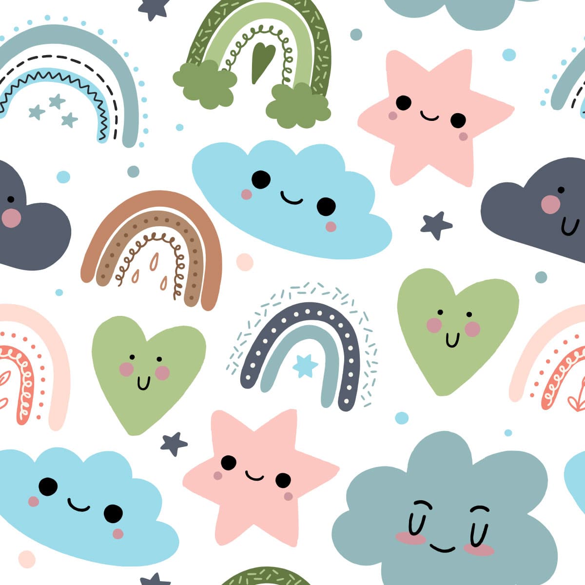 Smiling Clouds and Stars Kids Wallpaper pattern detail