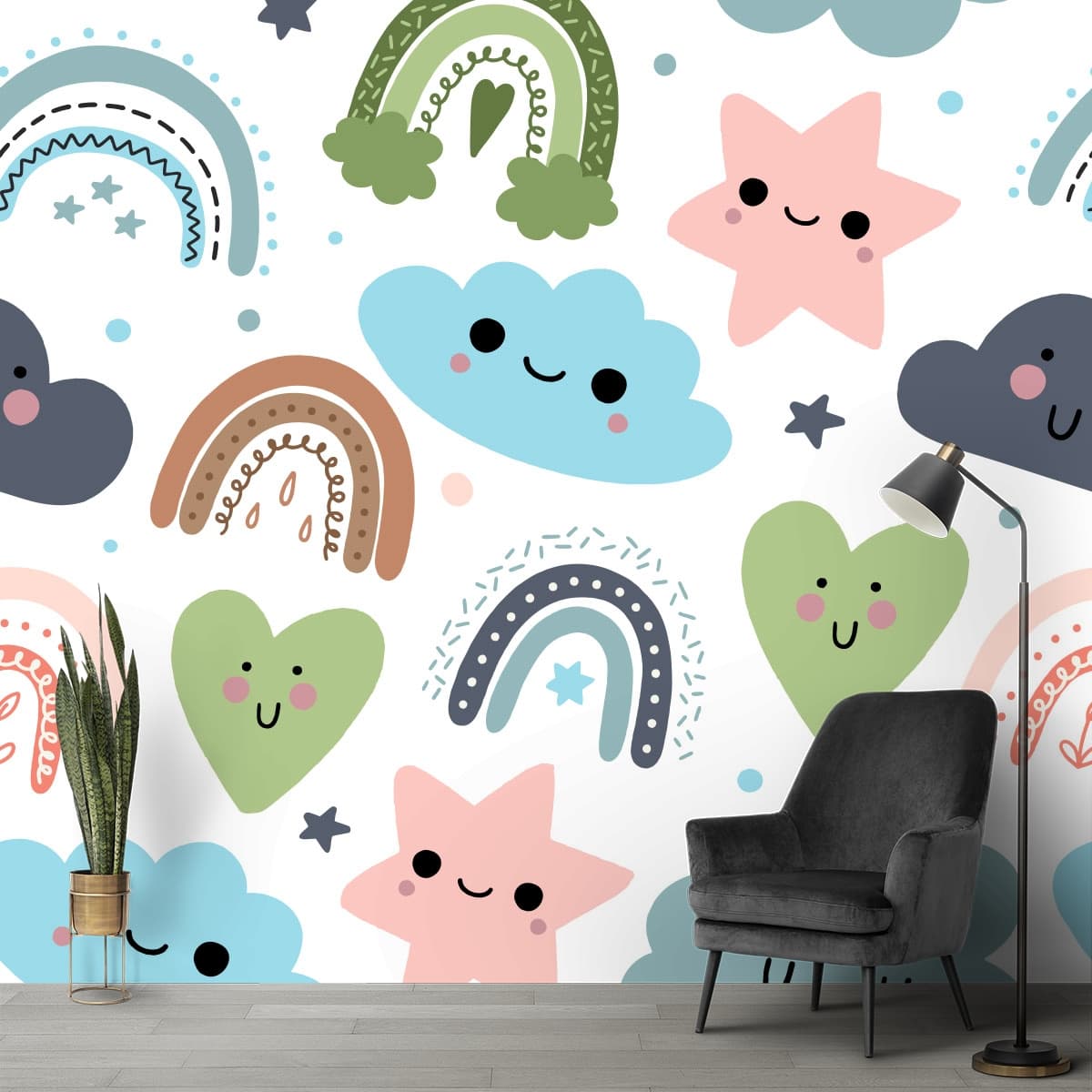 Smiling Clouds and Stars Kids Wallpaper shown in a room