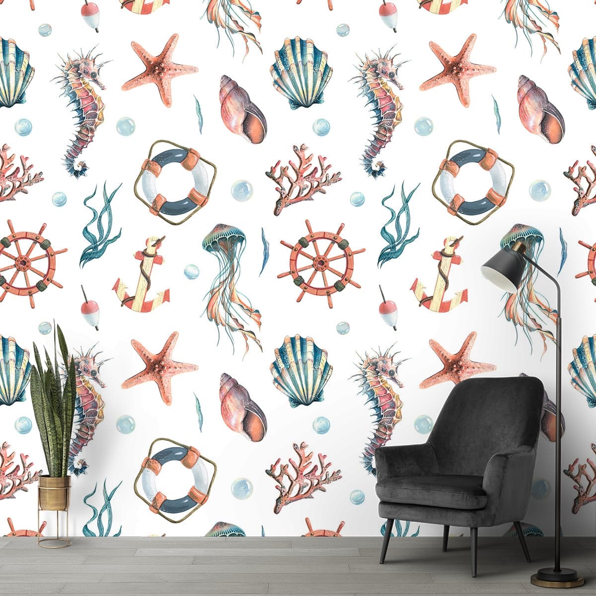 Sea Animals Pattern Underwater Wallpaper shown in a room