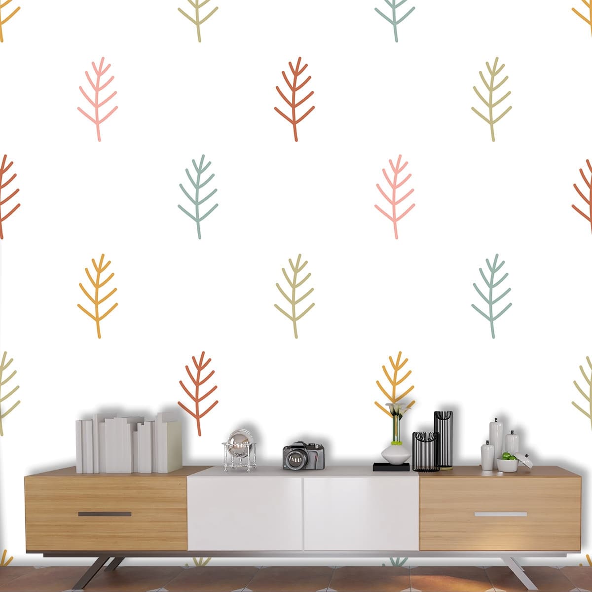 Colorful Leaves Nature Pattern Modern wall wallpaper shown in a room