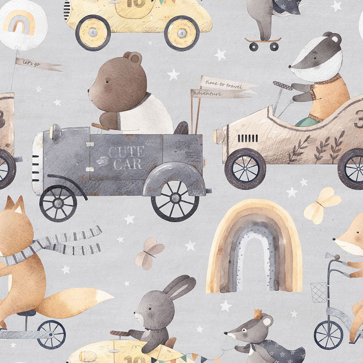 Cute Animals Pattern on Grey Background Kids Room Wallpaper pattern detail