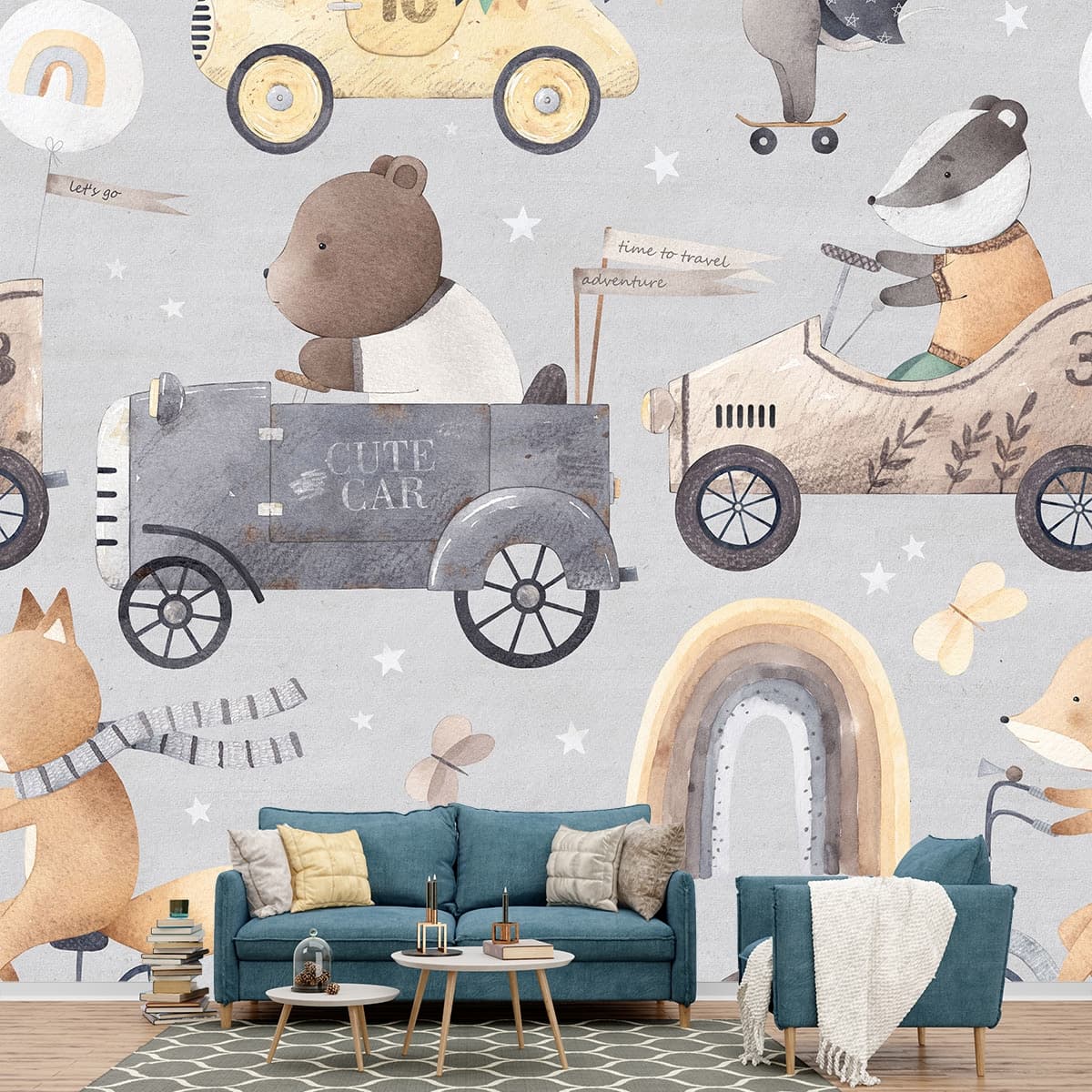 Cute Animals Pattern on Grey Background Kids Room Wallpaper shown in a room