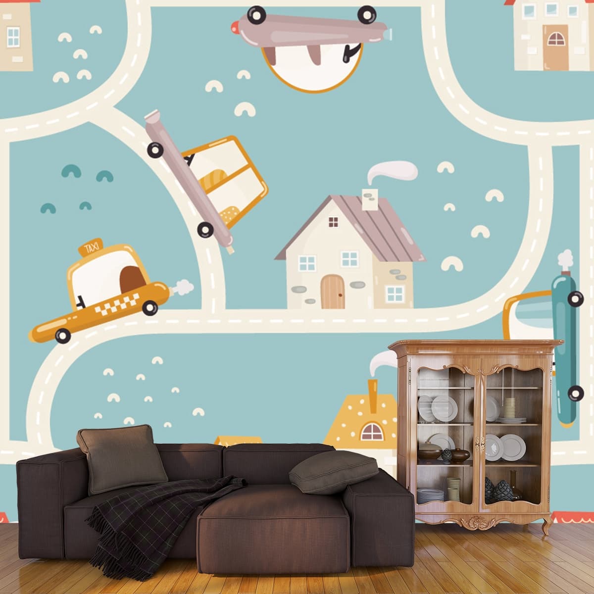 Colorful City Map Transport Theme Wallpaper shown in a room