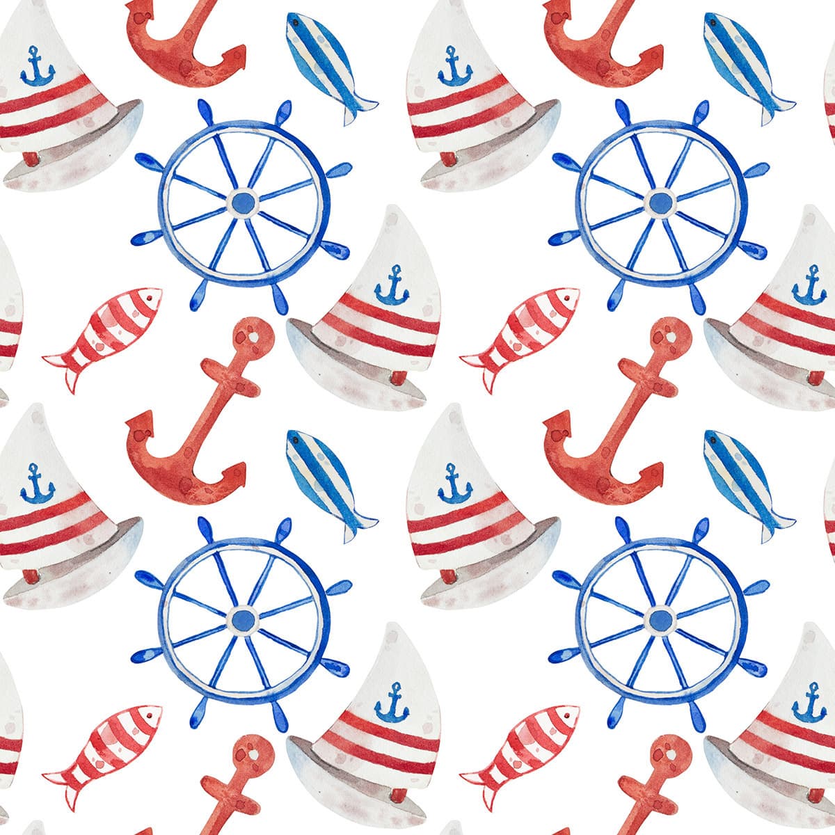 Soft Watercolor Nautical Elements Wallpaper with Ships pattern detail