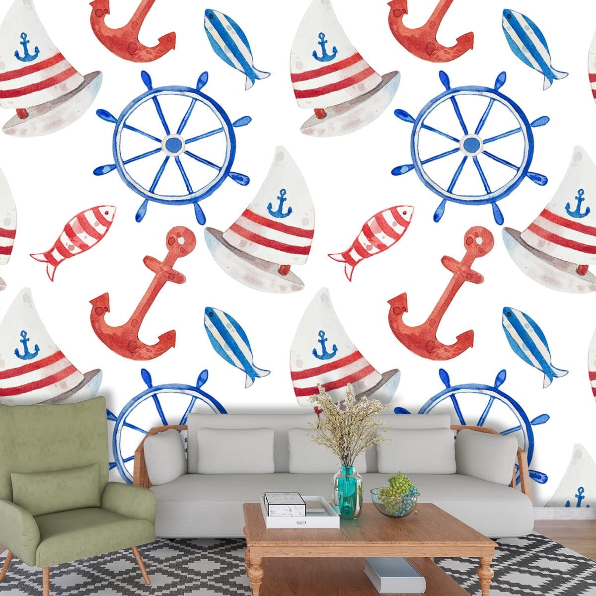 Soft Watercolor Nautical Elements Wallpaper with Ships shown in a room